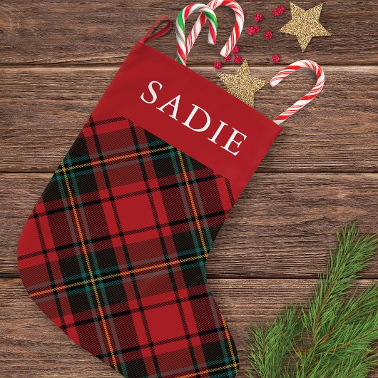 クラシック赤エレガントタータンチェック休日と名前 ラージクリスマスストッキング
