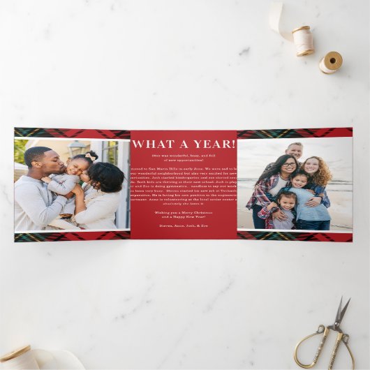 クラシック赤タータンチェック数々の – 写真折り畳みホリデーカード 三つ折り招待状 (内部)