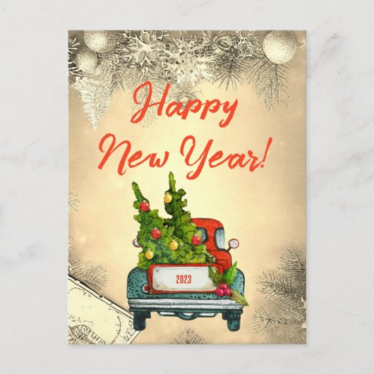 クラシック赤トラックの木の幸せな新年の挨拶 シーズンポストカード (正面)