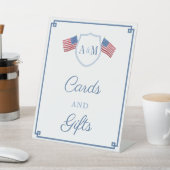 クラシック赤ブルーモノグラムのウェディングカードとギフト 台座サイン (インサイチュ)