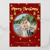 クラシック赤格子雪メリークリスマスフォト 箔シーズンカード (正面)