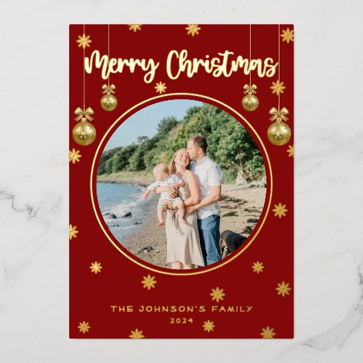 クラシック赤格子雪メリークリスマスフォト 箔シーズンカード (正面)