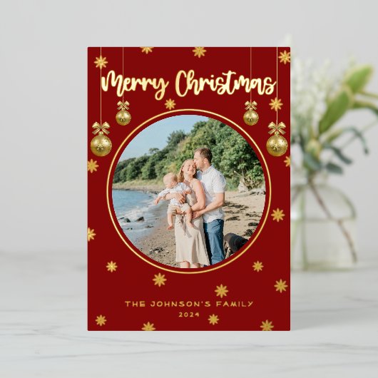 クラシック赤格子雪メリークリスマスフォト 箔シーズンカード (立ち正面)