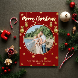 クラシック赤格子雪メリークリスマスフォト 箔シーズンカード
