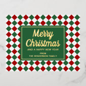 クラシック赤緑チェックメリークリスマス金ゴールド 箔シーズンポストカード (正面)