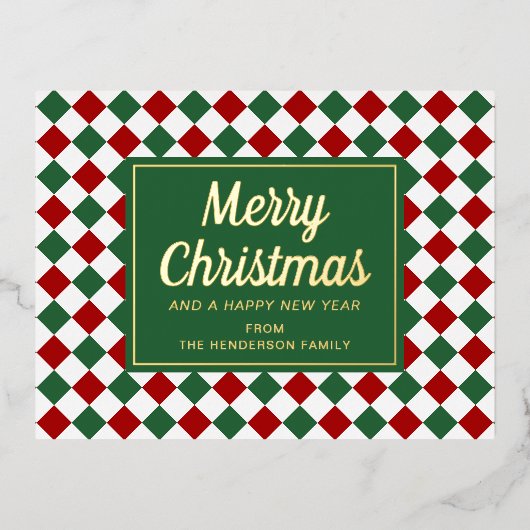 クラシック赤緑チェックメリークリスマス金ゴールド 箔シーズンポストカード (正面)