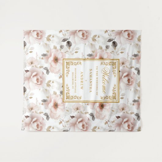 クラシック赤面アイボリー金ゴールド結婚のバナー タペストリー (正面(横))