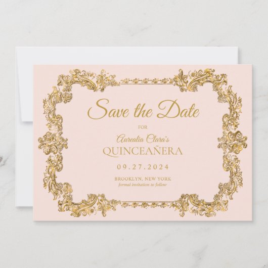 クラシック赤面エレガントピンク金ゴールドフレームキンセアニェラ 案内状 (正面)