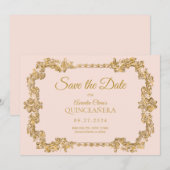 クラシック赤面エレガントピンク金ゴールドフレームキンセアニェラ 案内状 (正面/裏面)