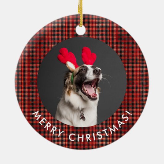 クラシック赤黒格子模様タータンチェック模様モノグラム セラミックオーナメント (裏面)