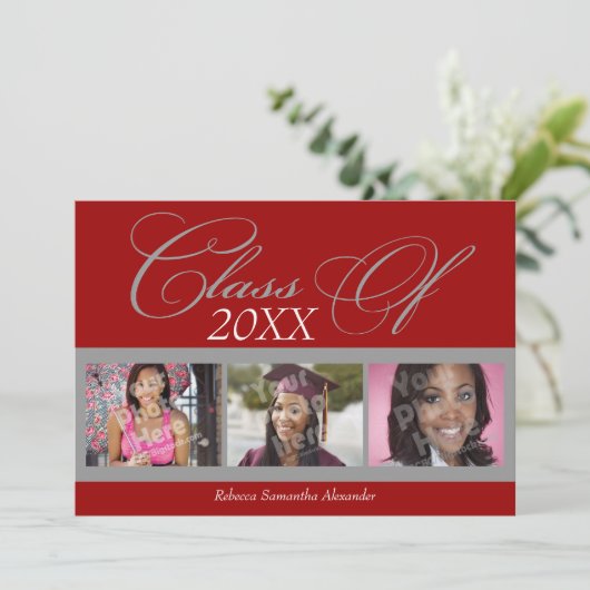 クラシック赤/灰色の写真の卒業発表 招待状 (スタンド正面)