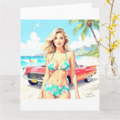 クラシック車でビーチの少女 カード (黄色い花)