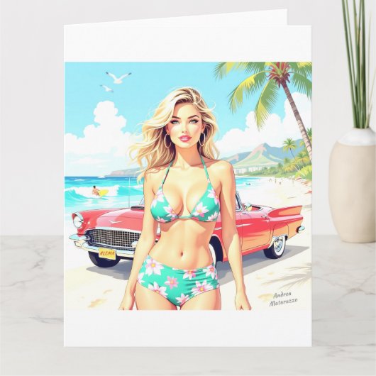 クラシック車でビーチの少女 カード (正面)