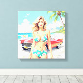 クラシック車でビーチの少女 キャンバスプリント (インサイチュ (ウッドフロア))