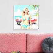 クラシック車でビーチの少女 キャンバスプリント (インサイチュ (リビング))