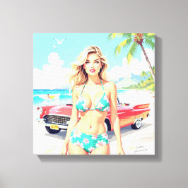 クラシック車でビーチの少女 キャンバスプリント