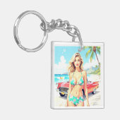 クラシック車でビーチの少女 キーホルダー (正面左)