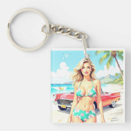 クラシック車でビーチの少女 キーホルダー