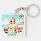 クラシック車でビーチの少女 キーホルダー (裏面)