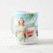 クラシック車でビーチの少女 コーヒーマグカップ (正面左)