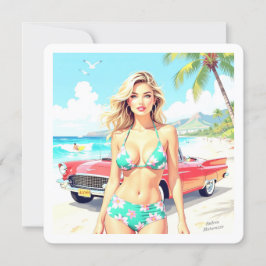 クラシック車でビーチの少女 シーズンカード