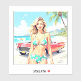 クラシック車でビーチの少女 シール