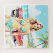 クラシック車でビーチの少女 ジグソーパズル (横)