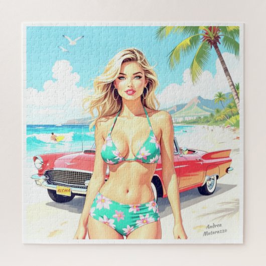 クラシック車でビーチの少女 ジグソーパズル (縦)