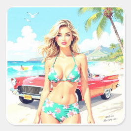 クラシック車でビーチの少女 スクエアシール
