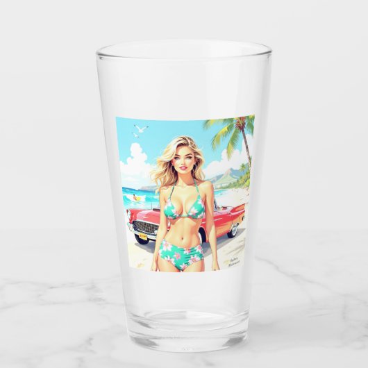 クラシック車でビーチの少女 タンブラーグラス (正面)