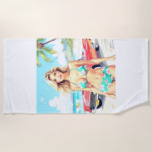 クラシック車でビーチの少女 ビーチタオル (正面)