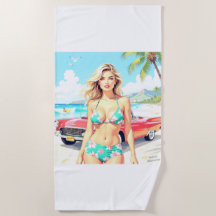 クラシック車でビーチの少女