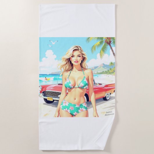 クラシック車でビーチの少女 ビーチタオル (正面)