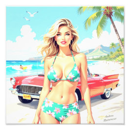 クラシック車でビーチの少女 フォトプリント           