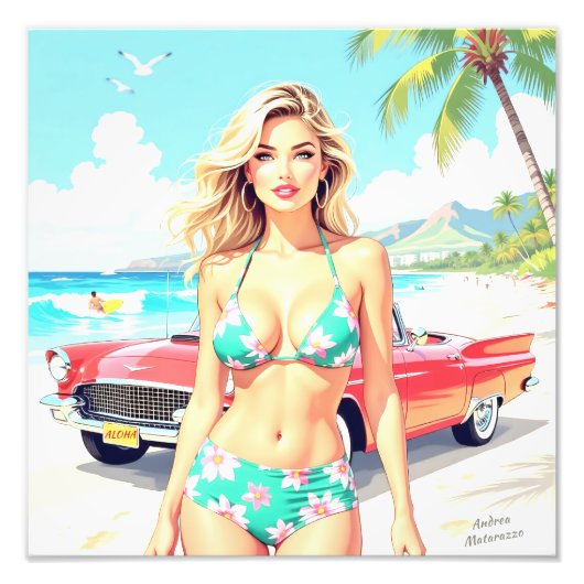 クラシック車でビーチの少女 フォトプリント            (正面)