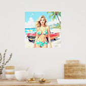 クラシック車でビーチの少女 ポスター (キッチン)