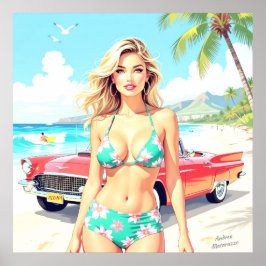 クラシック車でビーチの少女 ポスター