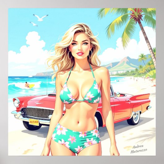 クラシック車でビーチの少女 ポスター (正面)