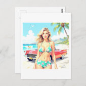 クラシック車でビーチの少女 ポストカード (正面/裏面)