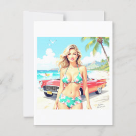 クラシック車でビーチの少女 ポストカード