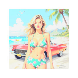 クラシック車でビーチの少女 メタルプリント
