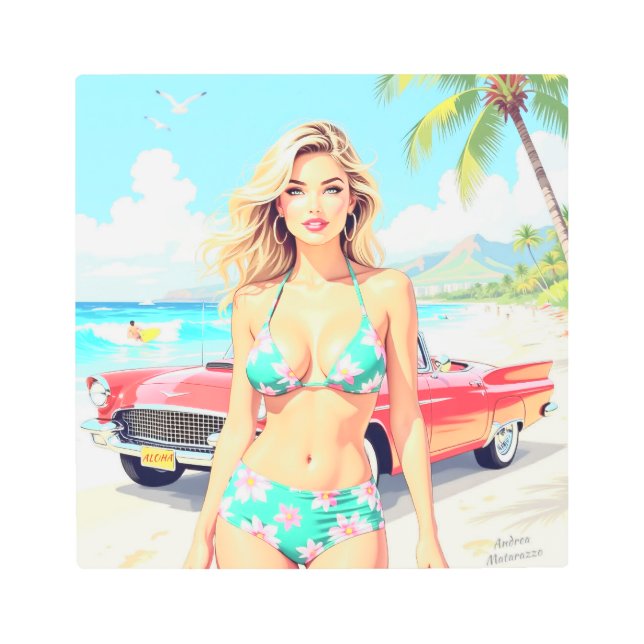 クラシック車でビーチの少女 メタルプリント (正面)