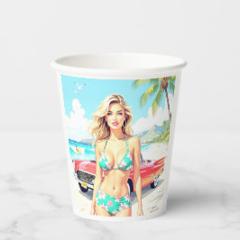 クラシック車でビーチの少女 紙コップ
