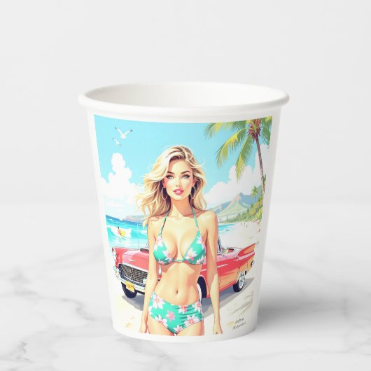 クラシック車でビーチの少女 紙コップ (正面)