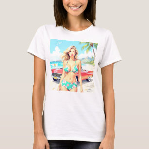 クラシック車でビーチの少女 Tシャツ