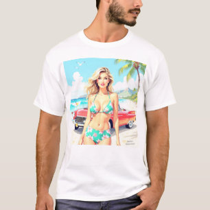 クラシック車でビーチの少女 Tシャツ