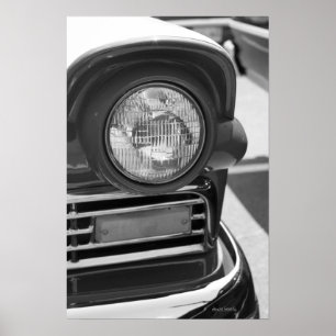 クラシック車のヘッドライトのグリル黒と白 ポスター