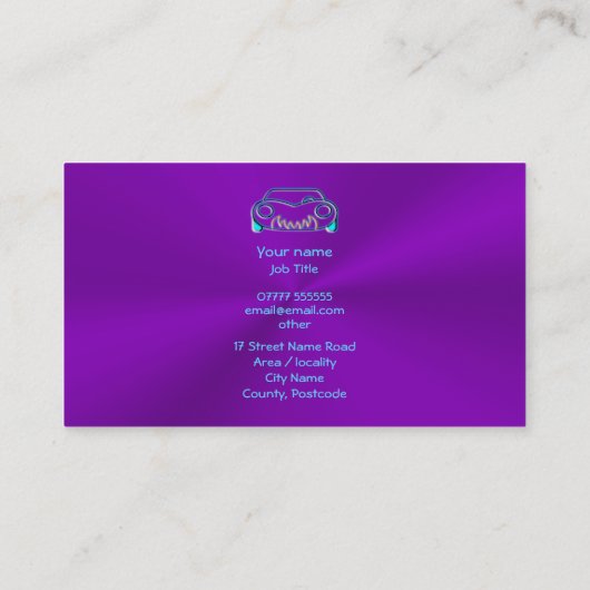 クラシック車のロゴ – アイスブルースポーツカーの紫色 名刺 (裏面)