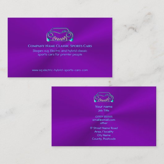 クラシック車のロゴ – アイスブルースポーツカーの紫色 名刺 (正面/裏面)