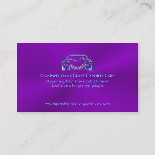 クラシック車のロゴ – アイスブルースポーツカーの紫色 名刺 (正面)